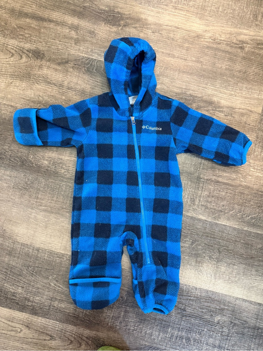 Columbia Blue and Black Buffalo Plaid Hooded Fleece Footed One-Piece